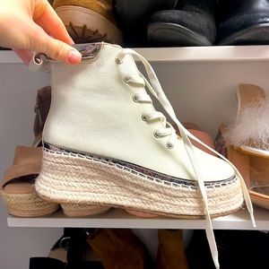 Lace up wedge heel boot in ivory grayish WORN Once - LIKE NEW.